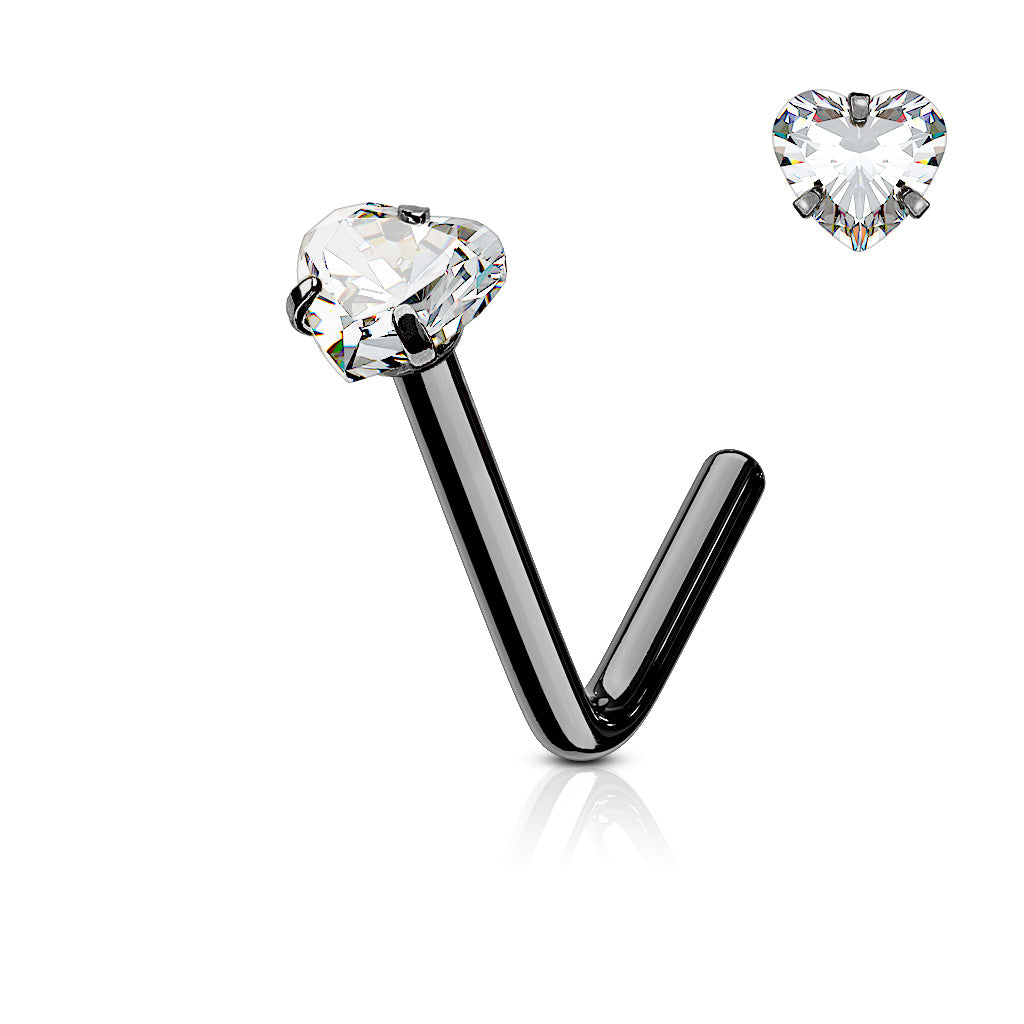 Steel Crystal Heart Claw set L Bend Nose Stud