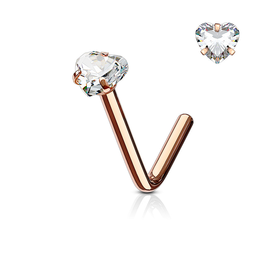 Steel Crystal Heart Claw set L Bend Nose Stud