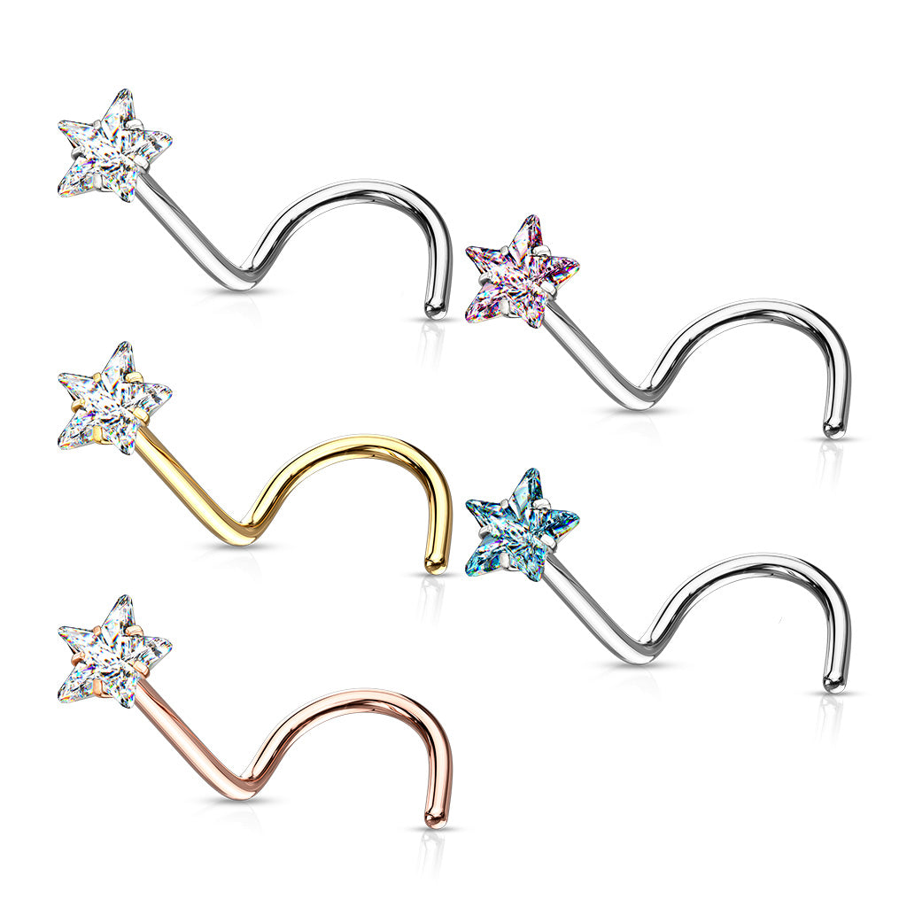 Prong Set Star CZ Top 316L Surgical Steel Nose Screw Rings