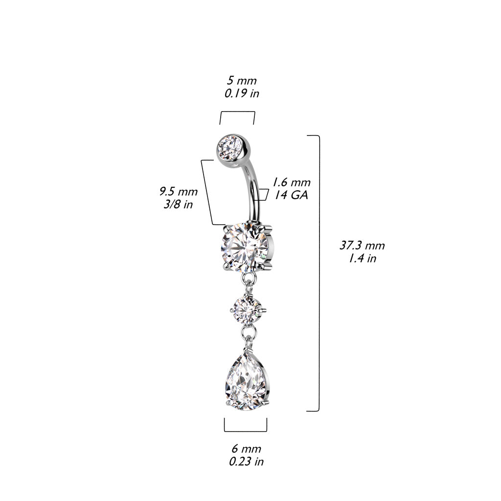 316L Surgical Steel Belly Button Ring Tear Drop CZ Dangle Belly Button Ring 1.6x10mm