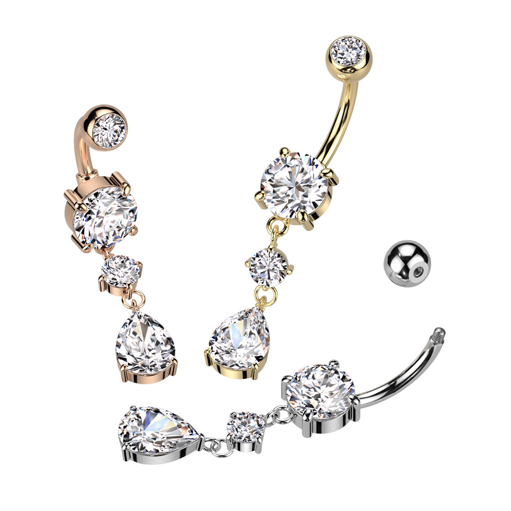 316L Surgical Steel Belly Button Ring Tear Drop CZ Dangle Belly Button Ring 1.6x10mm