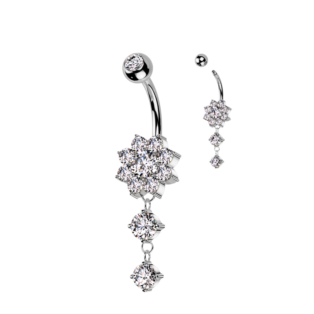 CZ Flower With Double Round CZ Dangle 316L Surgical Steel Belly Button Ring - Pic&Mix The Body Jewellery Shop