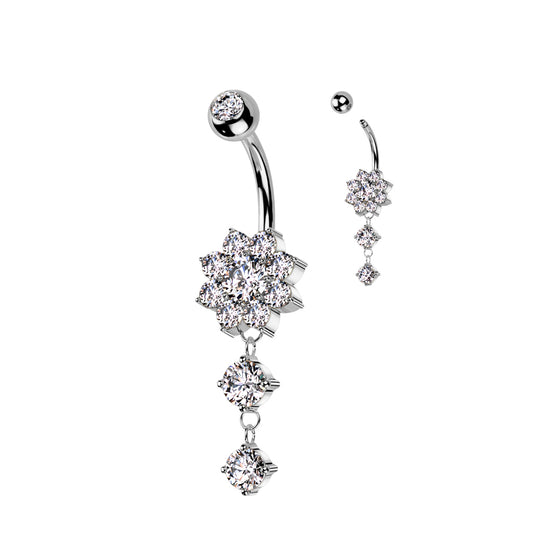 CZ Flower With Double Round CZ Dangle 316L Surgical Steel Belly Button Ring - Pic&Mix The Body Jewellery Shop