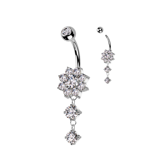 CZ Flower With Double Round CZ Dangle 316L Surgical Steel Belly Button Ring