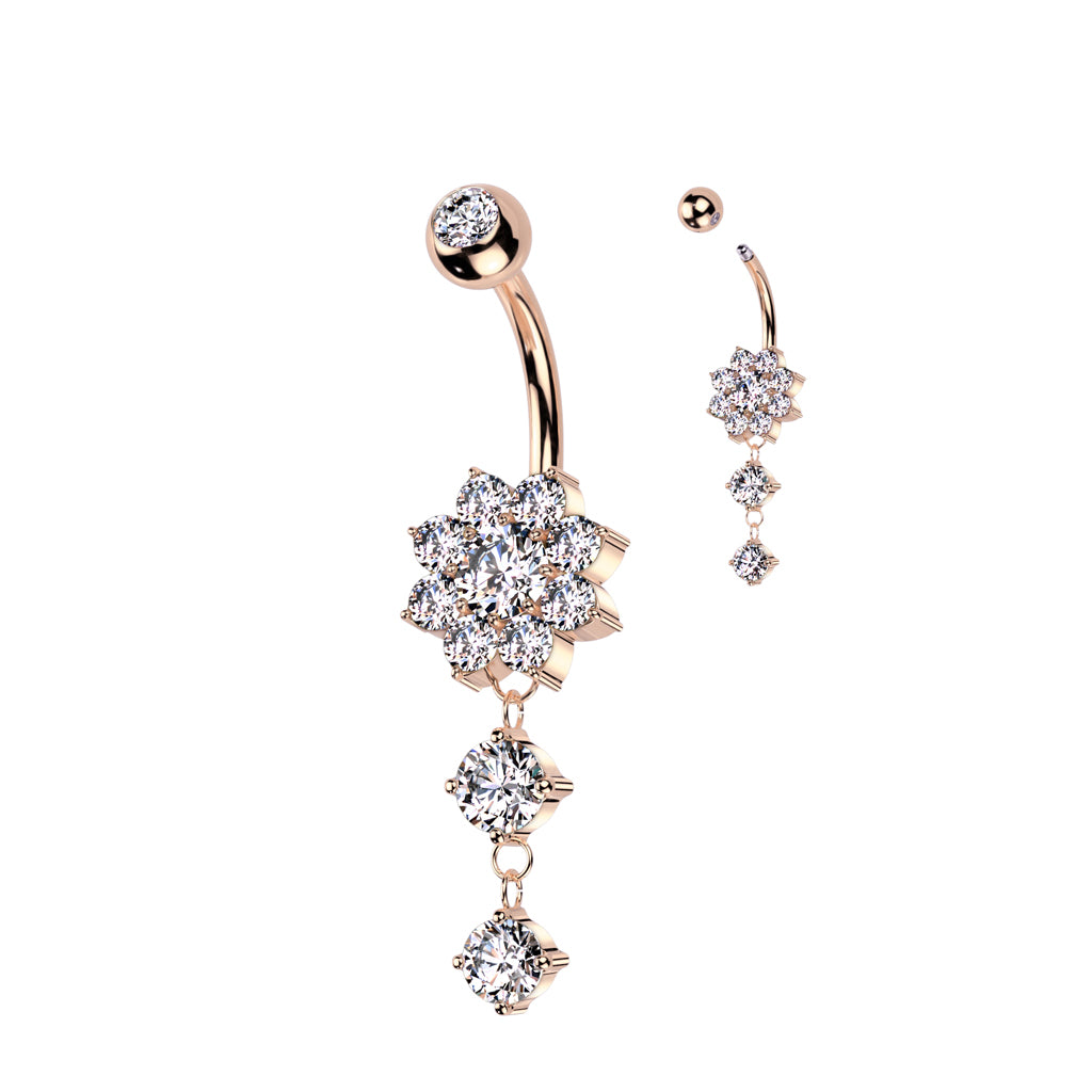 CZ Flower With Double Round CZ Dangle 316L Surgical Steel Belly Button Ring - Pic&Mix The Body Jewellery Shop