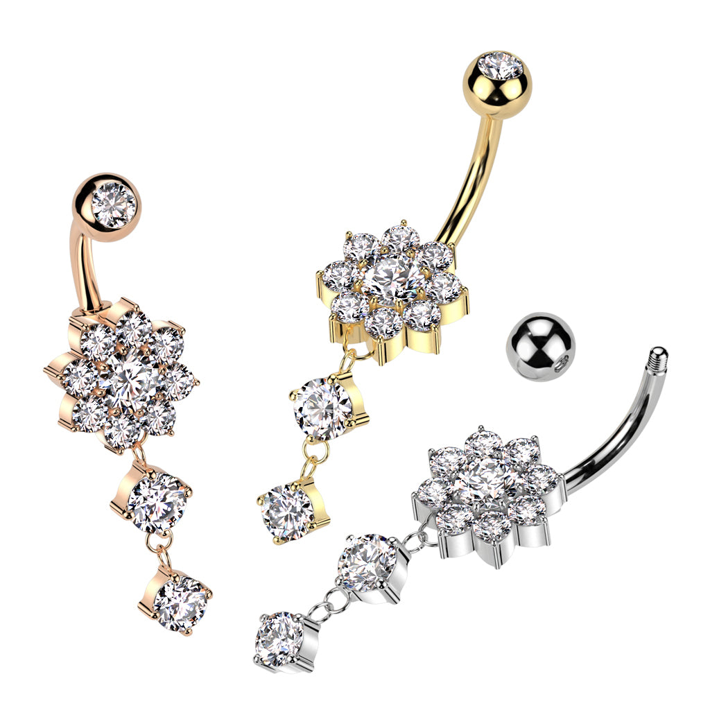 CZ Flower With Double Round CZ Dangle 316L Surgical Steel Belly Button Ring