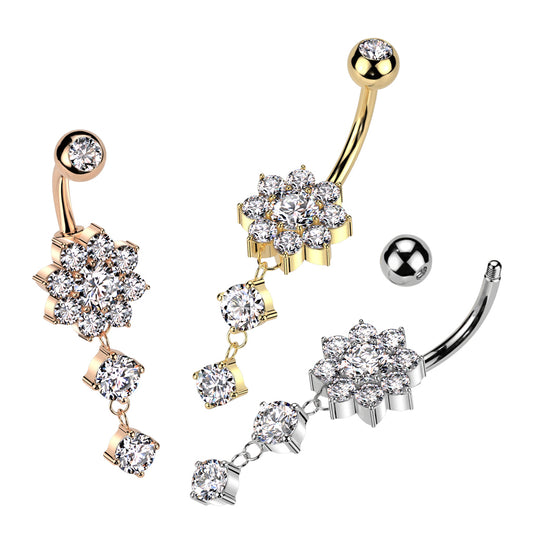 CZ Flower With Double Round CZ Dangle 316L Surgical Steel Belly Button Ring