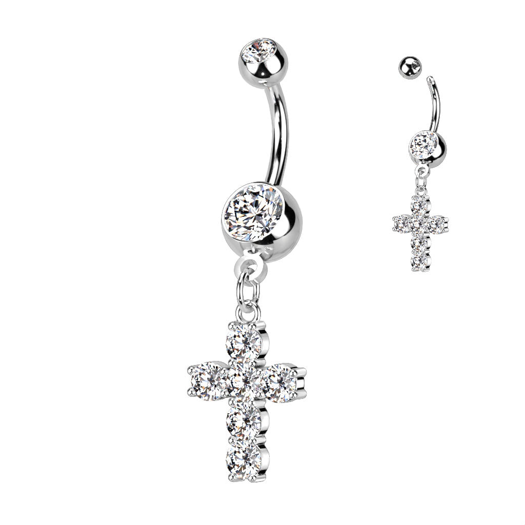 Large Prong Set Multi CZ Cross Dangle 316L Surgical Steel Double Jeweled Belly Button Navel Ring