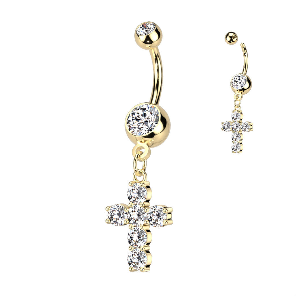 Large Prong Set Multi CZ Cross Dangle 316L Surgical Steel Double Jeweled Belly Button Navel Ring