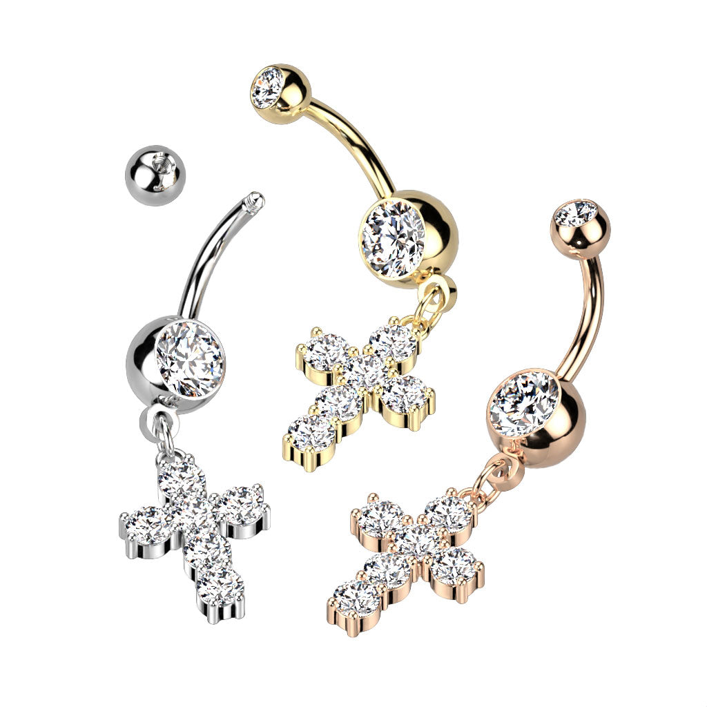 Large Prong Set Multi CZ Cross Dangle 316L Surgical Steel Double Jeweled Belly Button Navel Ring
