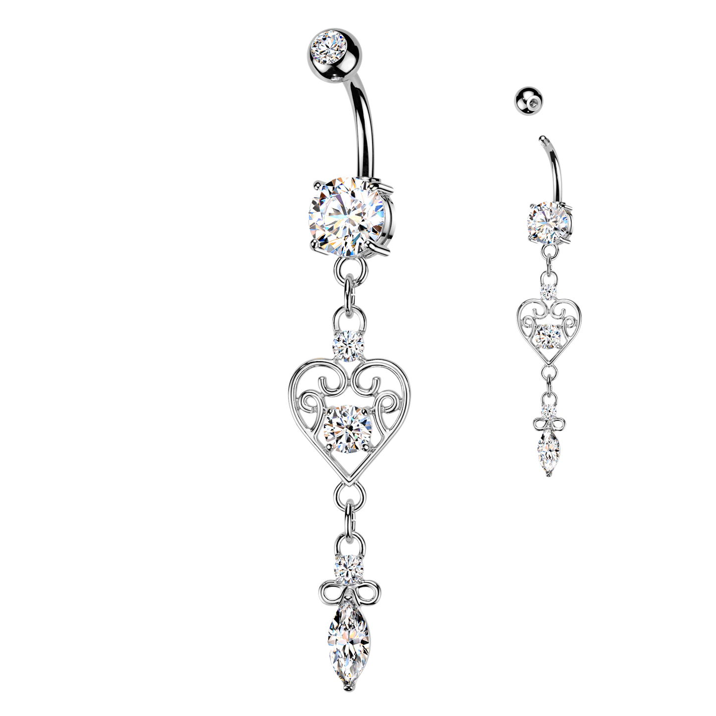 Filigree Heart 316L Double Jeweled CZ Belly Ring CZ Heart & Marquise CZ Dangle