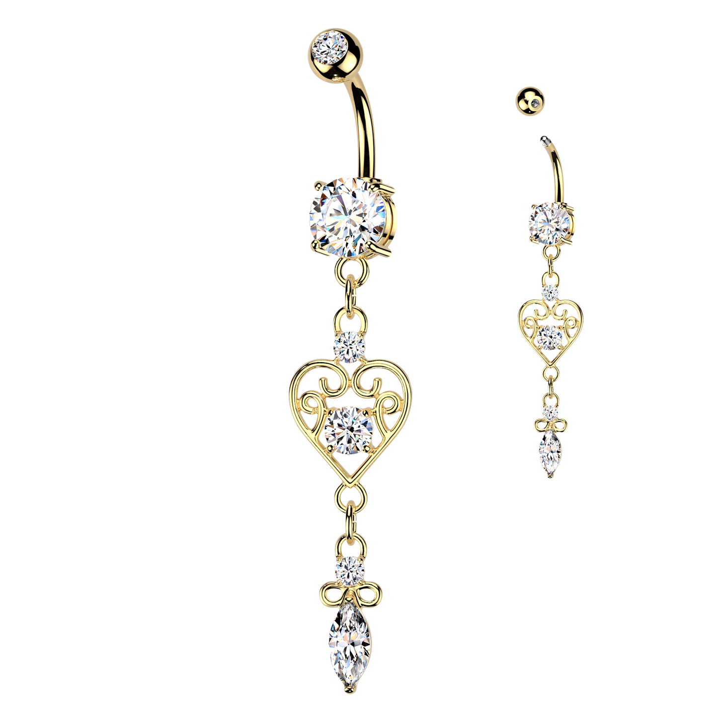 Filigree Heart 316L Double Jeweled CZ Belly Ring CZ Heart & Marquise CZ Dangle