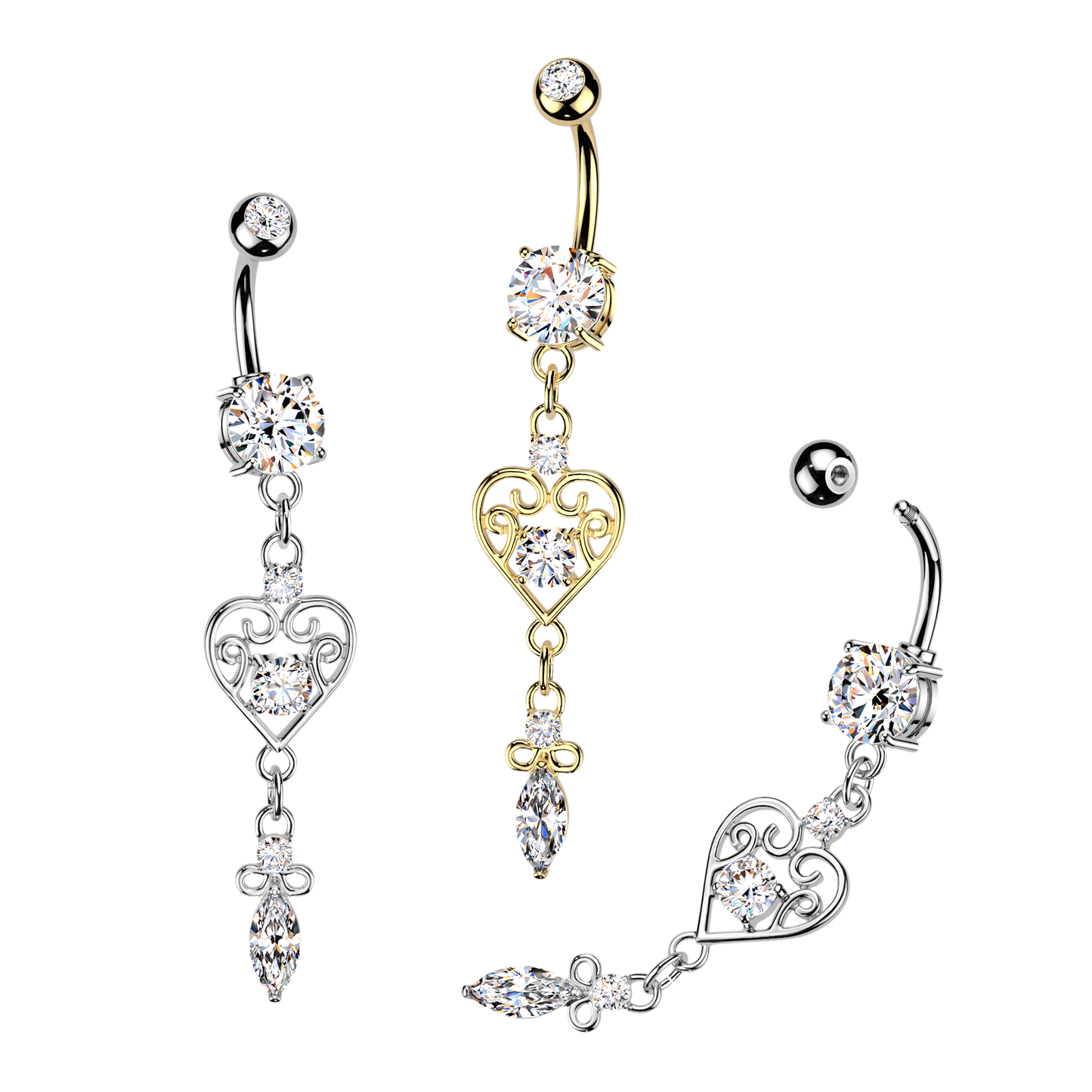 Filigree Heart 316L Double Jeweled CZ Belly Ring CZ Heart & Marquise CZ Dangle