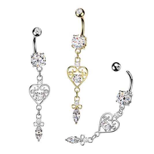 Filigree Heart 316L Double Jeweled CZ Belly Ring CZ Heart & Marquise CZ Dangle