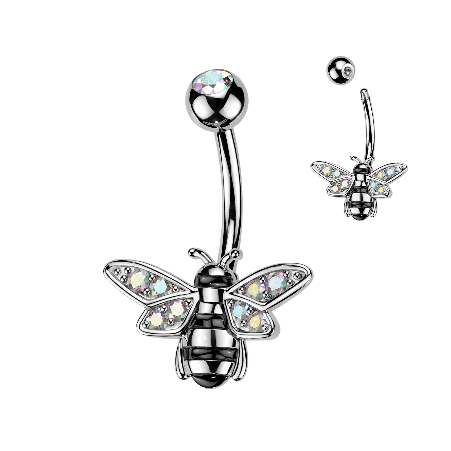 Bee Belly Button Ring With Pave Aurora Borealis CZ Wings
