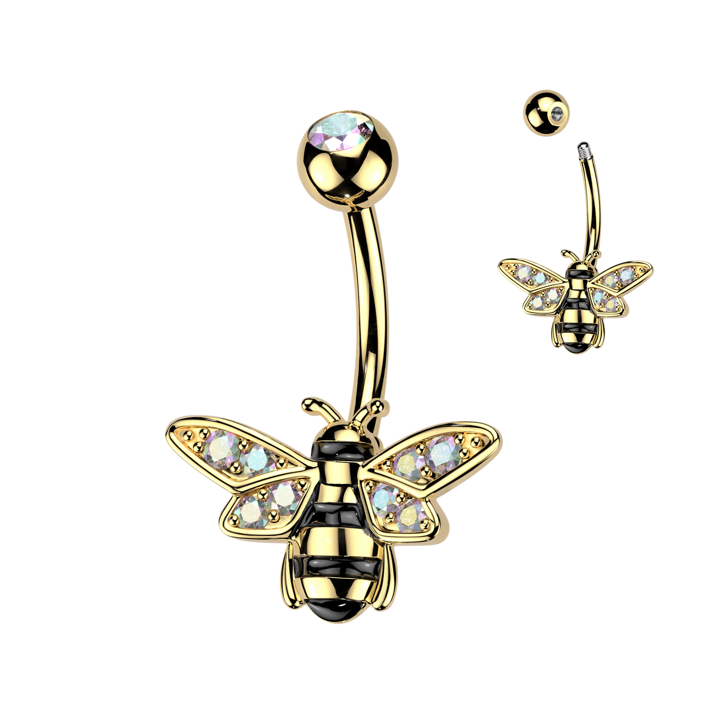 Bee Belly Button Ring With Pave Aurora Borealis CZ Wings