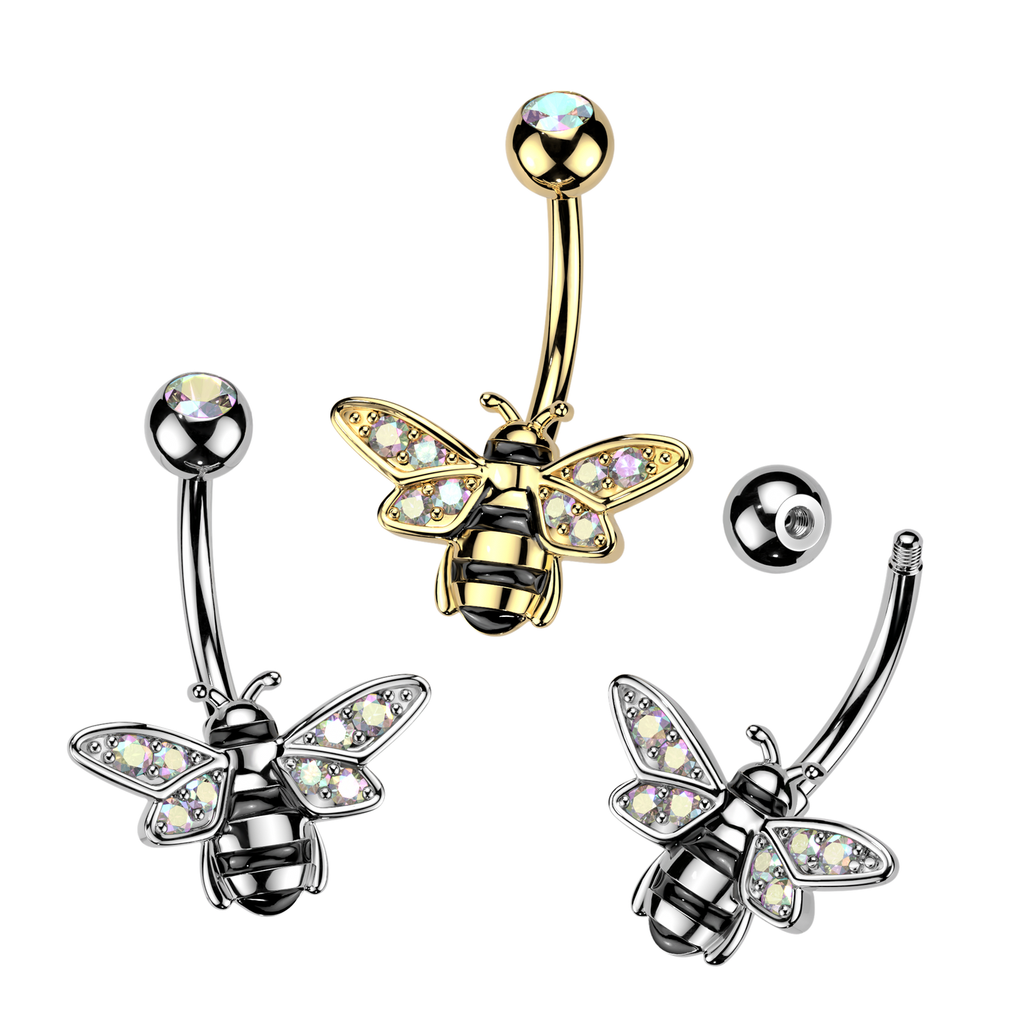 Bee Belly Button Ring With Pave Aurora Borealis CZ Wings