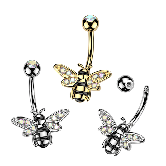 Bee Belly Button Ring With Pave Aurora Borealis CZ Wings