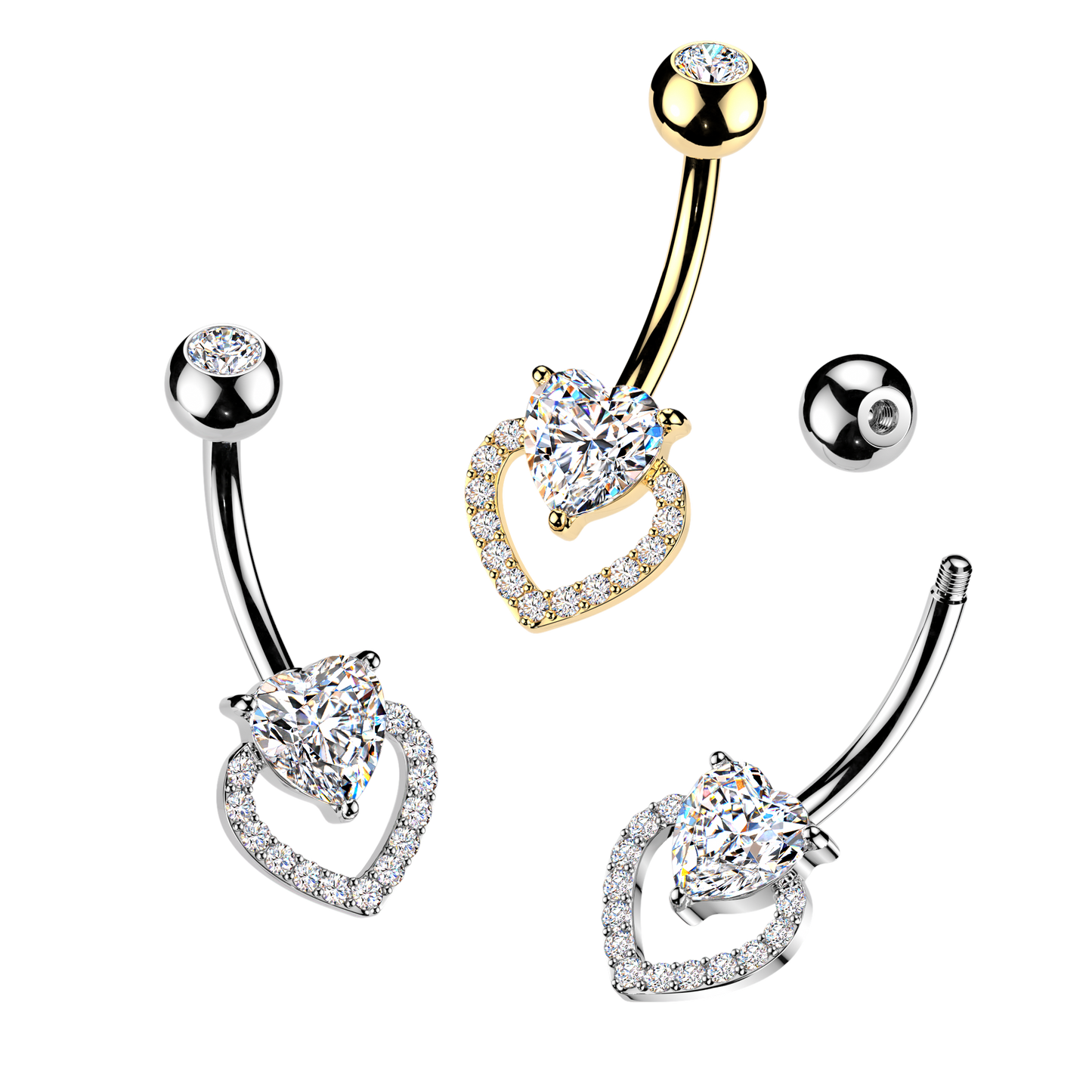 316L Belly Button Ring With Prong Set Heart CZ & Pave CZ Heart - Pic&Mix The Body Jewellery Shop