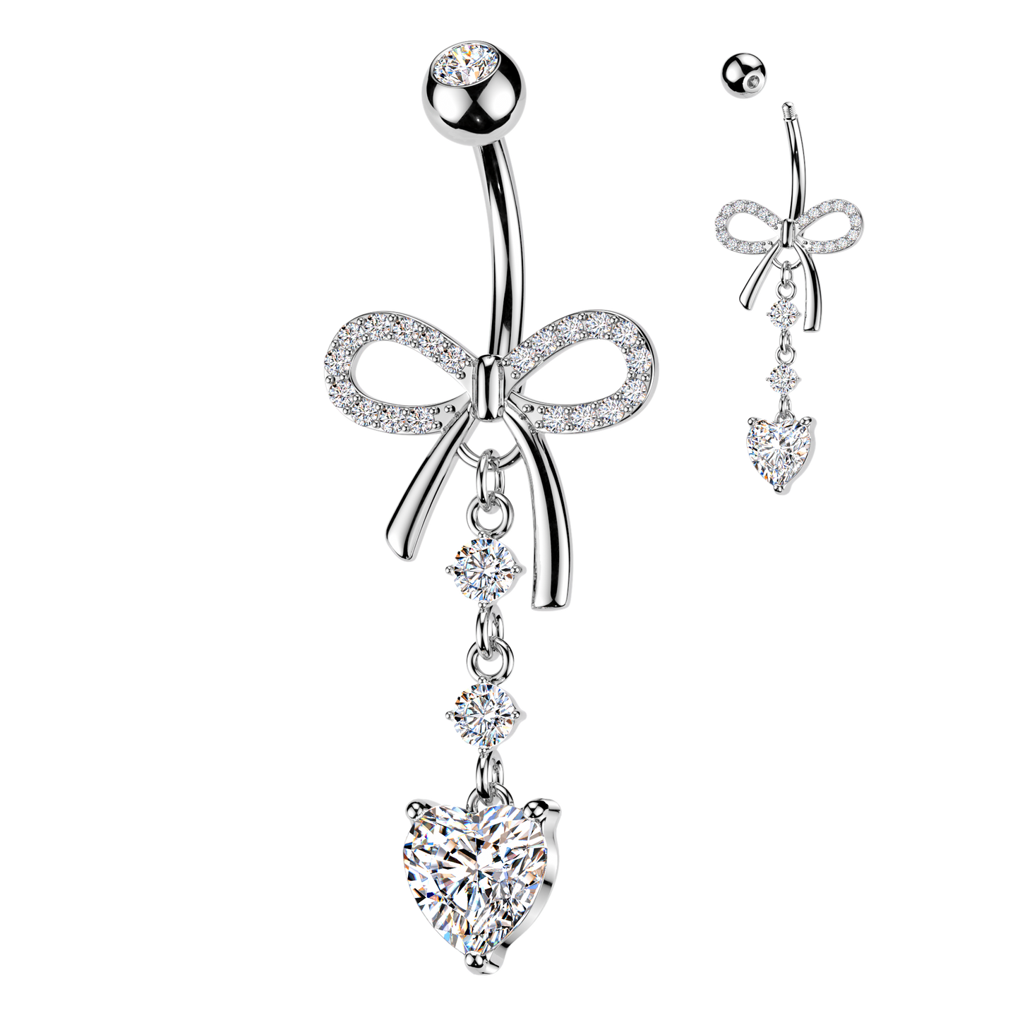 316L Pave CZ Ribbon Belly Ring With Round & Heart CZ Dangle - Pic&Mix The Body Jewellery Shop
