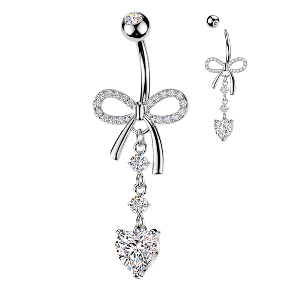 316L Pave CZ Ribbon Belly Ring With Round & Heart CZ Dangle