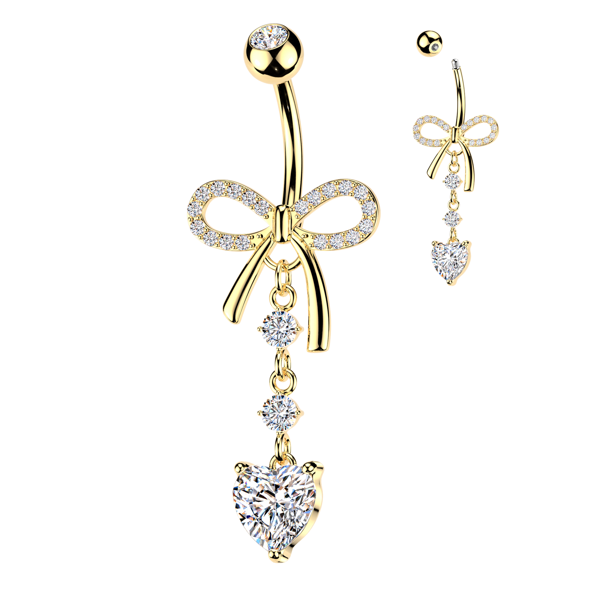316L Pave CZ Ribbon Belly Ring With Round & Heart CZ Dangle - Pic&Mix The Body Jewellery Shop