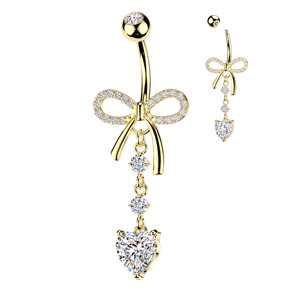 316L Pave CZ Ribbon Belly Ring With Round & Heart CZ Dangle