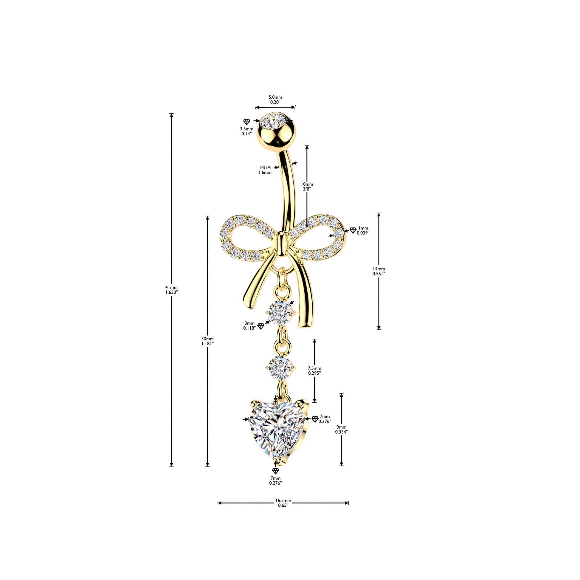 316L Pave CZ Ribbon Belly Ring With Round & Heart CZ Dangle - Pic&Mix The Body Jewellery Shop