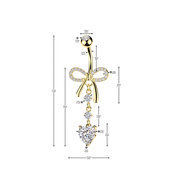 316L Pave CZ Ribbon Belly Ring With Round & Heart CZ Dangle