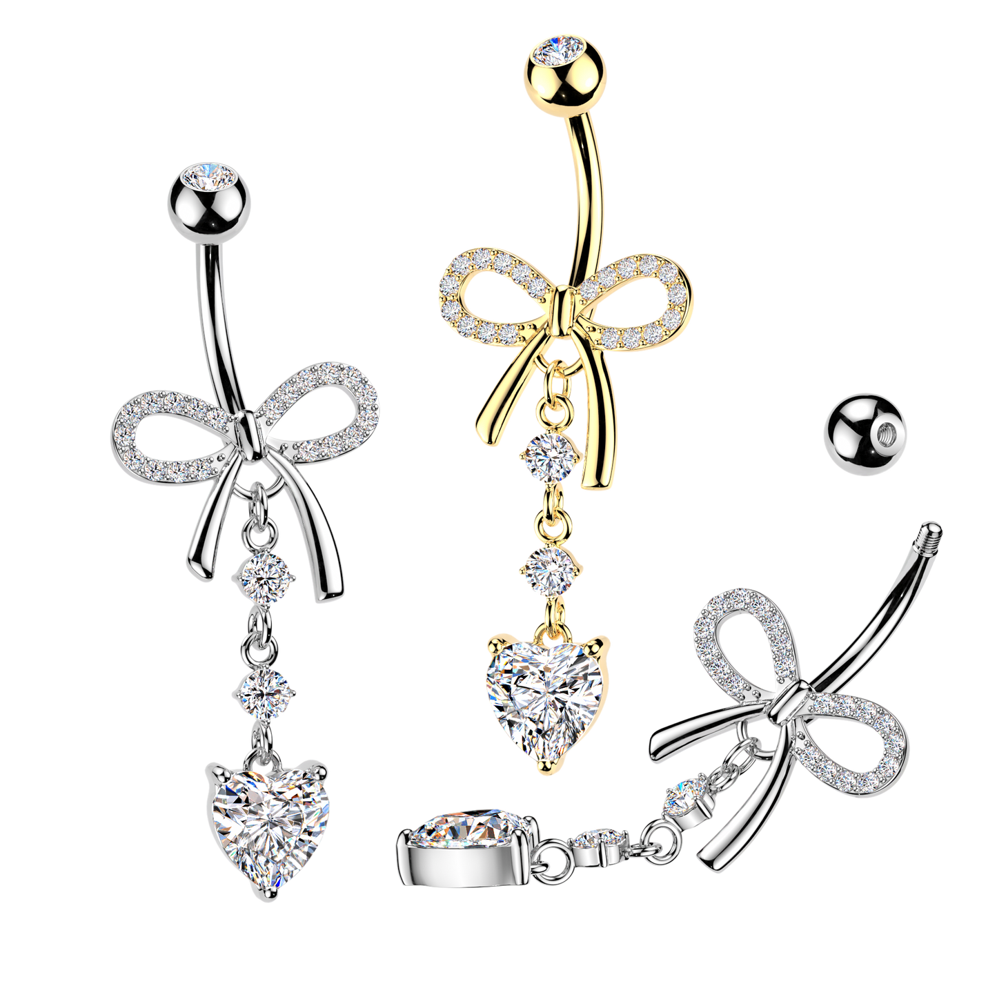 316L Pave CZ Ribbon Belly Ring With Round & Heart CZ Dangle - Pic&Mix The Body Jewellery Shop