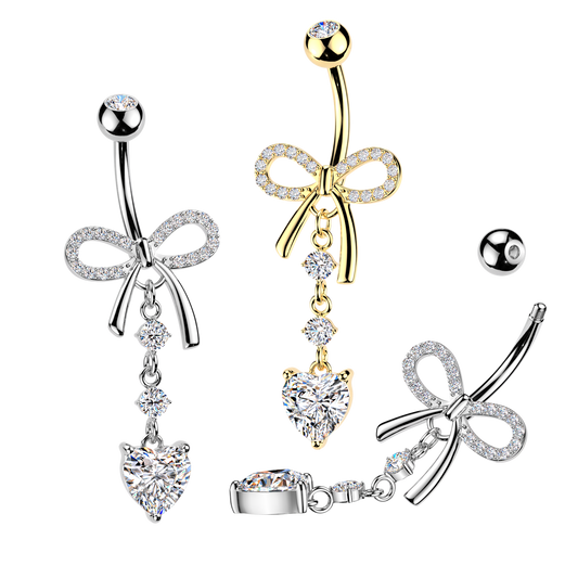 316L Pave CZ Ribbon Belly Ring With Round & Heart CZ Dangle - Pic&Mix The Body Jewellery Shop