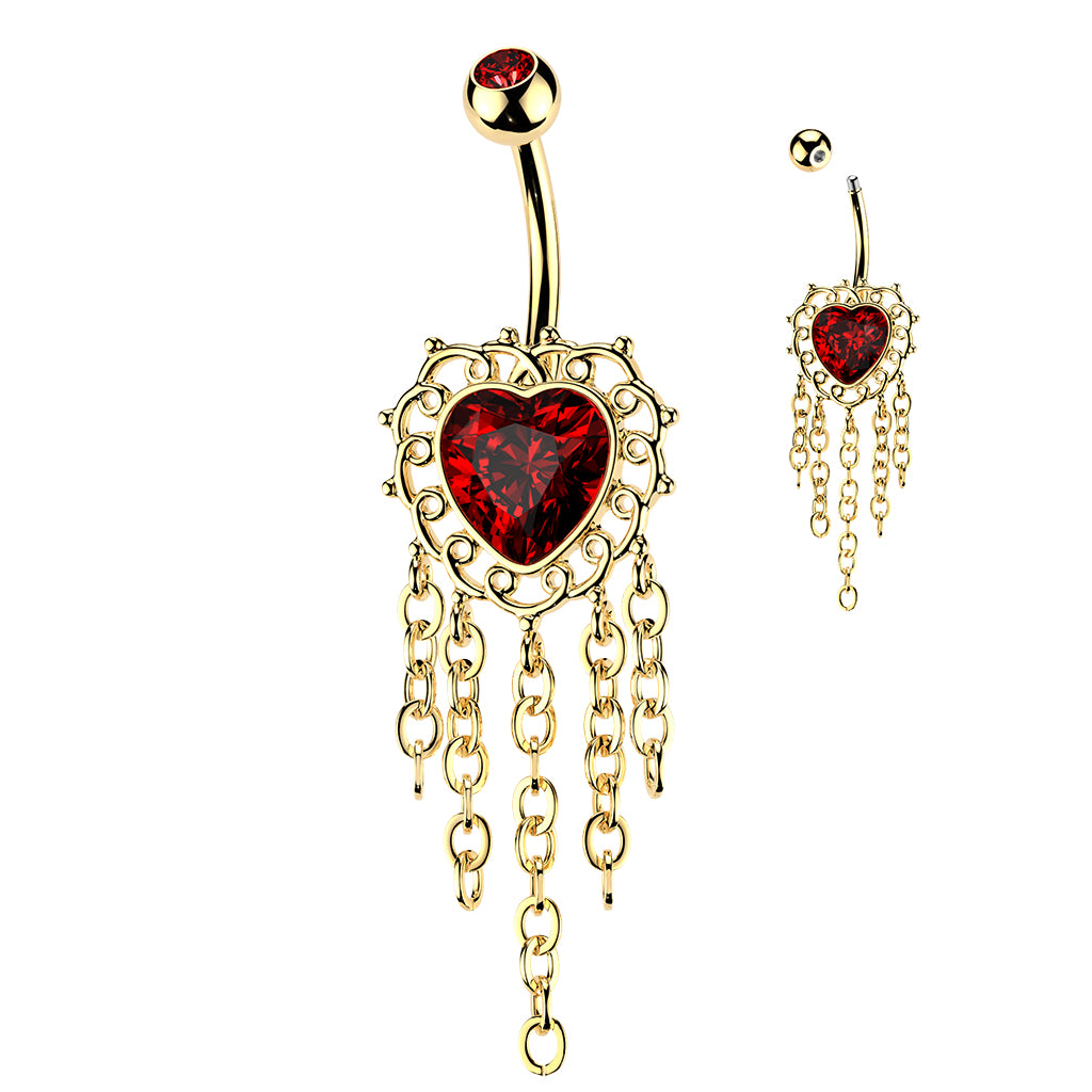 316L Belly Ring With Filigree Heart CZ & Chandaleir Chain Dangle - Pic&Mix The Body Jewellery Shop