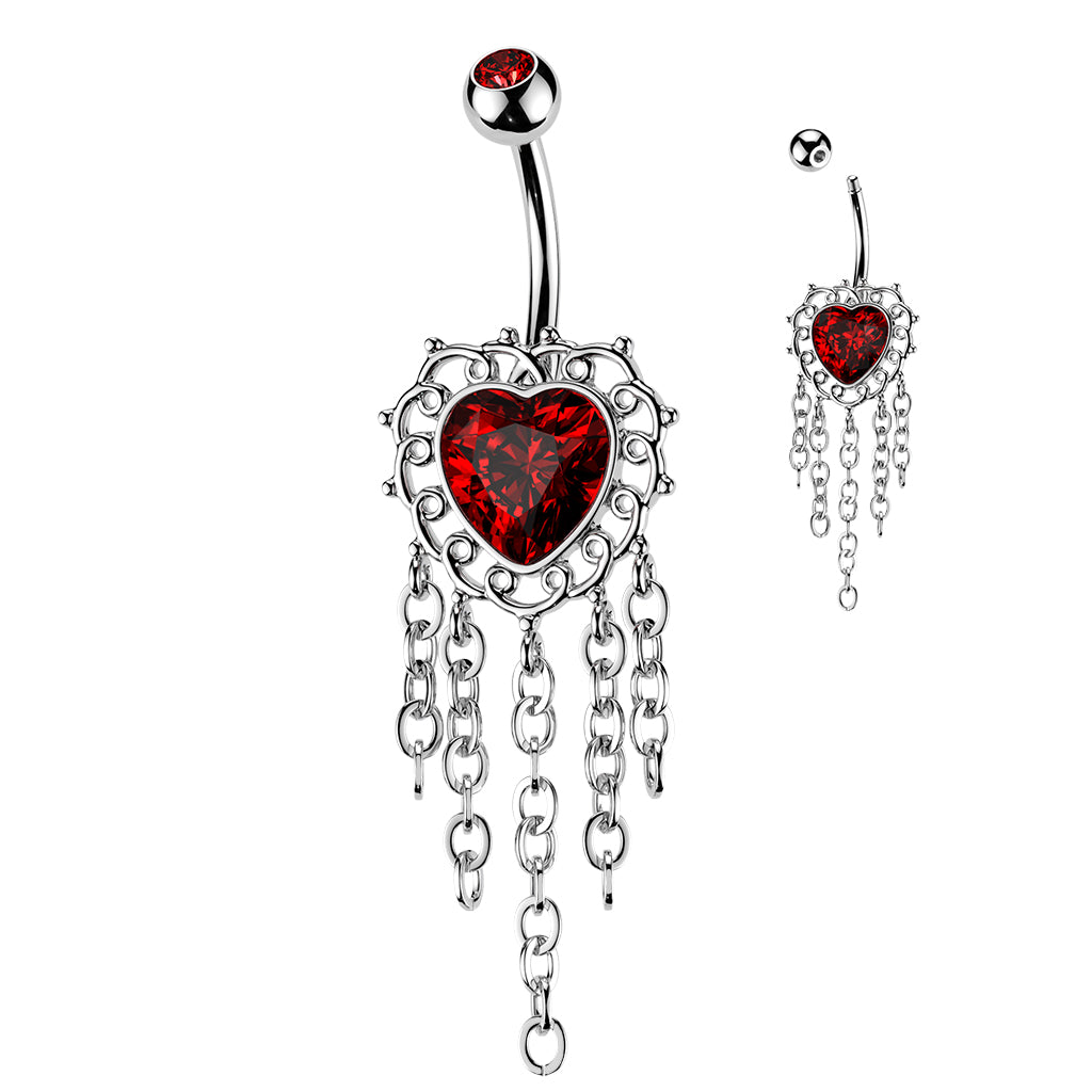 316L Belly Ring With Filigree Heart CZ & Chandaleir Chain Dangle - Pic&Mix The Body Jewellery Shop