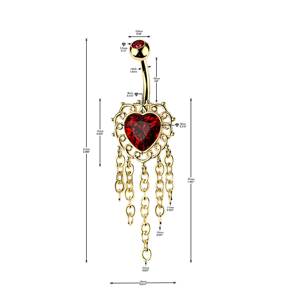 316L Belly Ring With Filigree Heart CZ & Chandaleir Chain Dangle - Pic&Mix The Body Jewellery Shop
