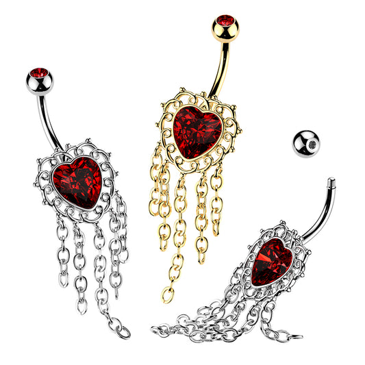 316L Belly Ring With Filigree Heart CZ & Chandaleir Chain Dangle - Pic&Mix The Body Jewellery Shop