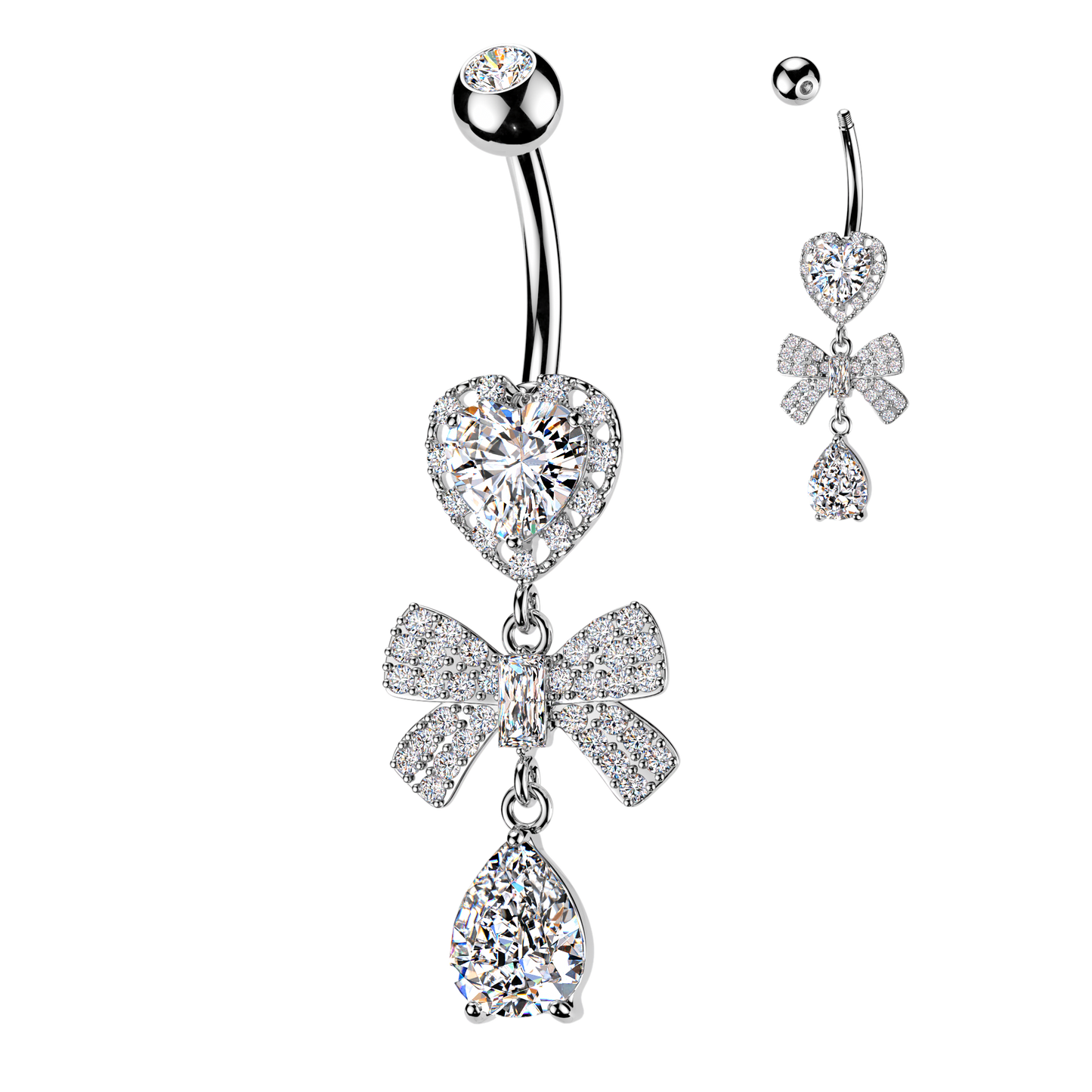 316L Heart CZ Belly Ring With Pave CZ Ribbon & Teardrop CZ Dangle - Pic&Mix The Body Jewellery Shop