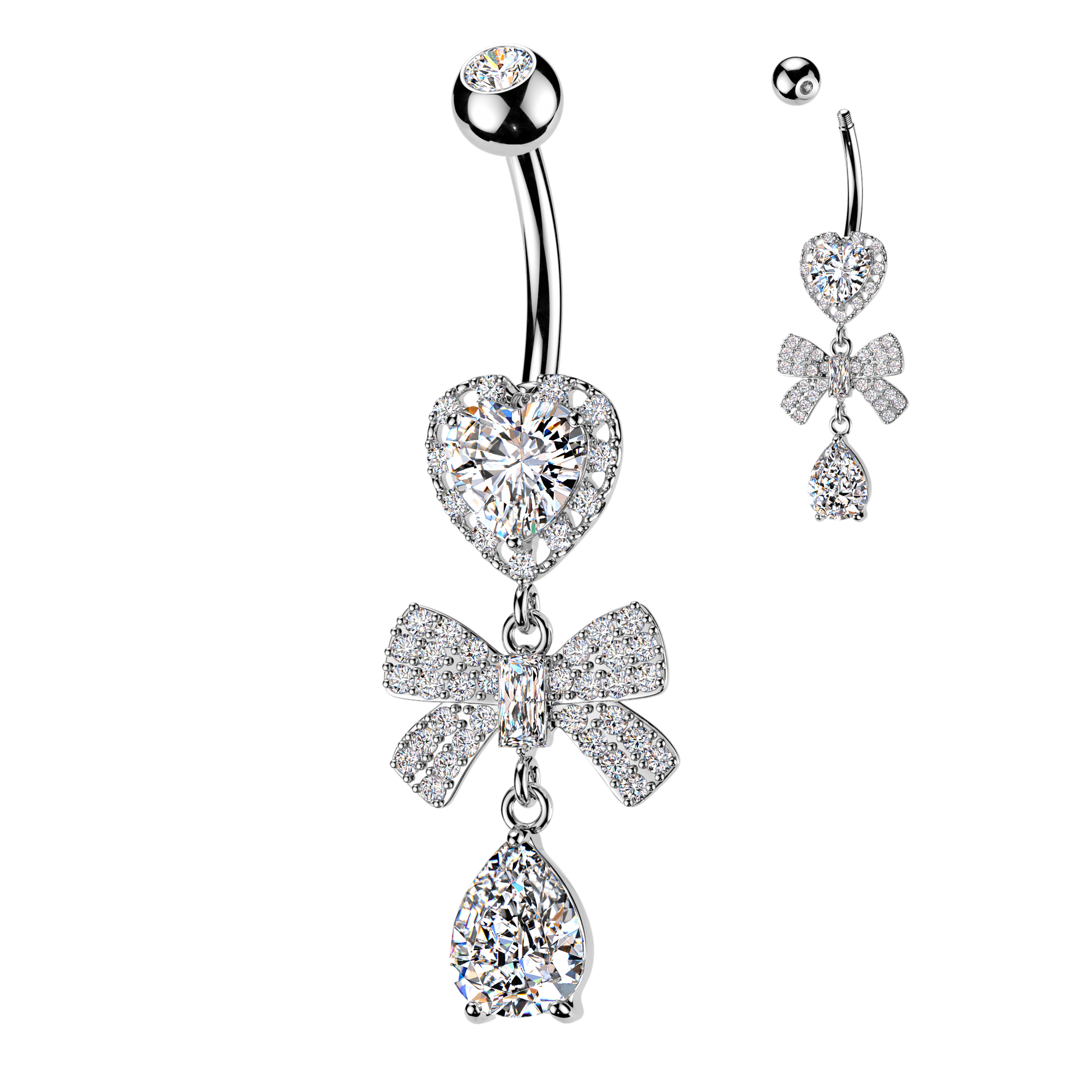 316L Heart CZ Belly Ring With Pave CZ Ribbon & Teardrop CZ Dangle - Pic&Mix The Body Jewellery Shop
