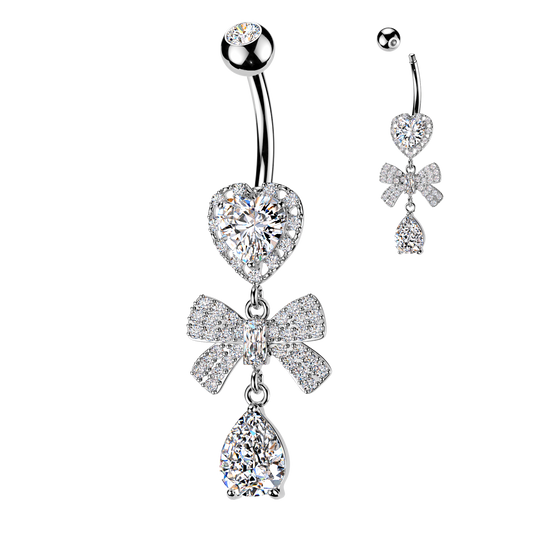 316L Heart CZ Belly Ring With Pave CZ Ribbon & Teardrop CZ Dangle - Pic&Mix The Body Jewellery Shop