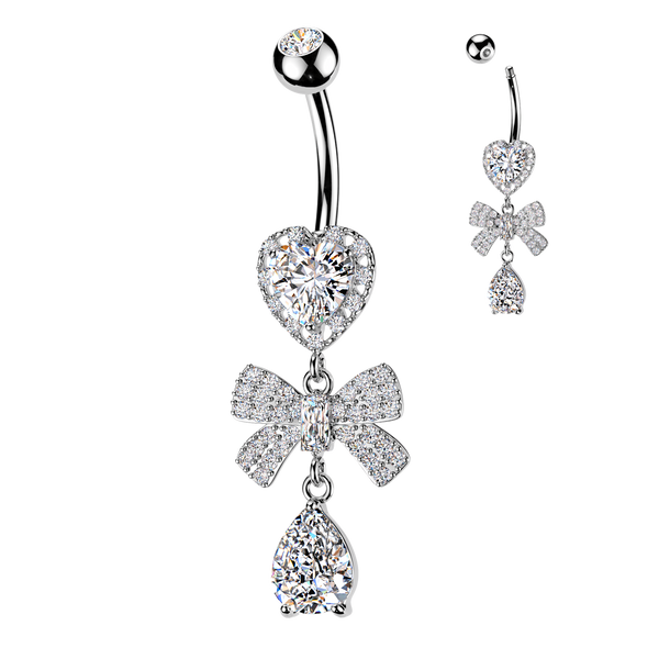 316L Heart CZ Belly Ring With Pave CZ Ribbon & Teardrop CZ Dangle