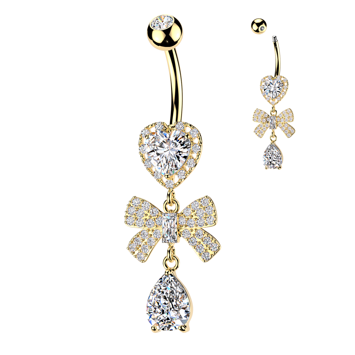 316L Heart CZ Belly Ring With Pave CZ Ribbon & Teardrop CZ Dangle - Pic&Mix The Body Jewellery Shop