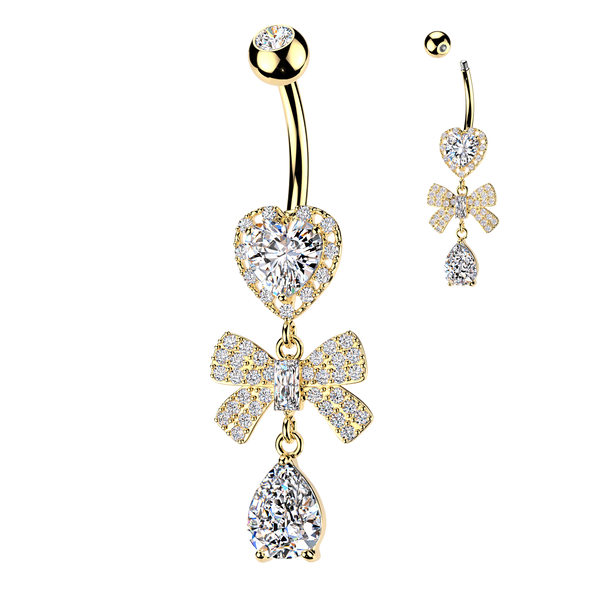 316L Heart CZ Belly Ring With Pave CZ Ribbon & Teardrop CZ Dangle