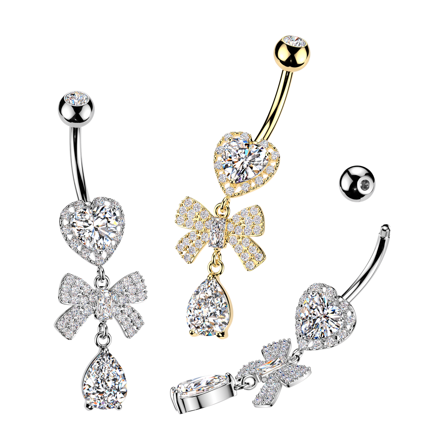 316L Heart CZ Belly Ring With Pave CZ Ribbon & Teardrop CZ Dangle - Pic&Mix The Body Jewellery Shop