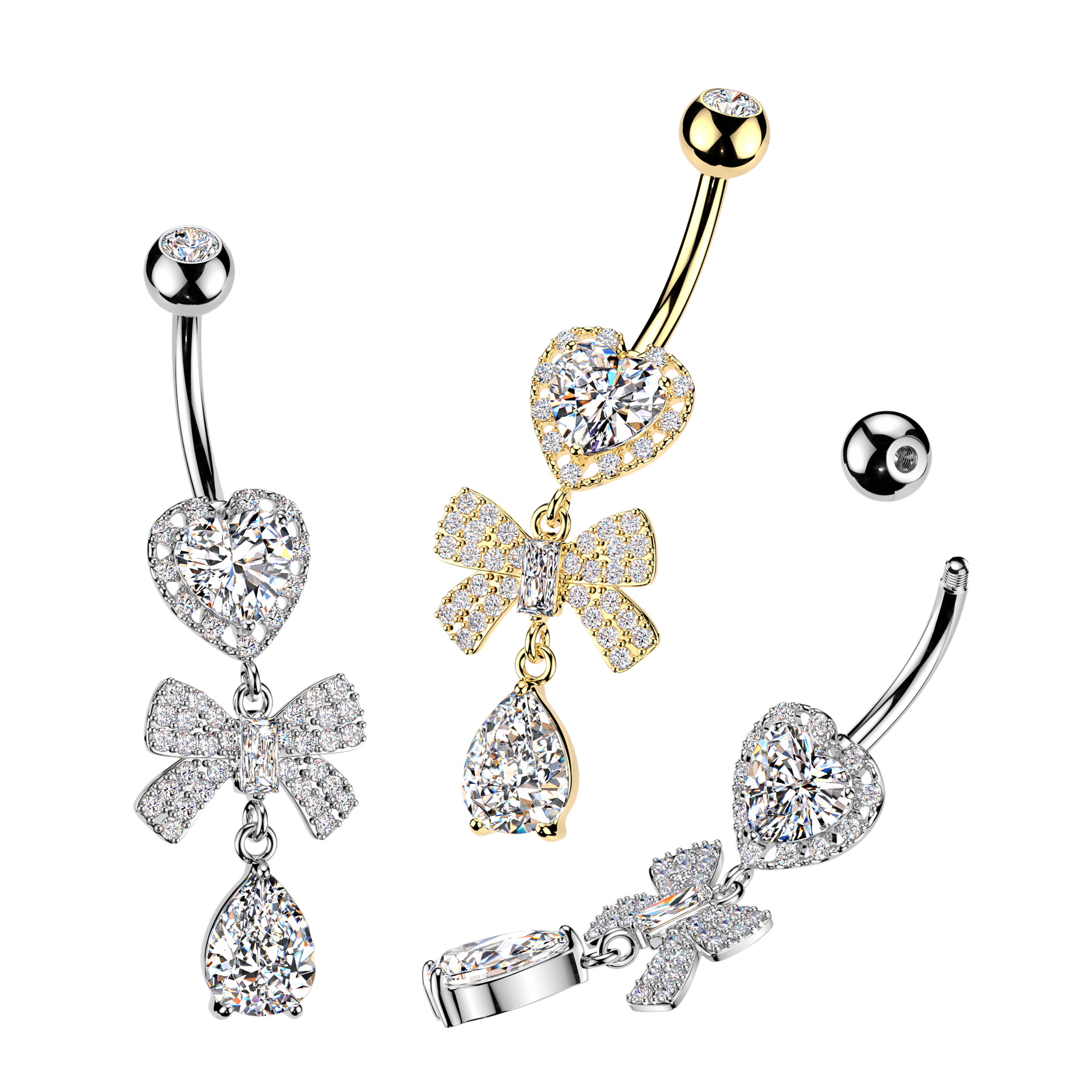 316L Heart CZ Belly Ring With Pave CZ Ribbon & Teardrop CZ Dangle - Pic&Mix The Body Jewellery Shop
