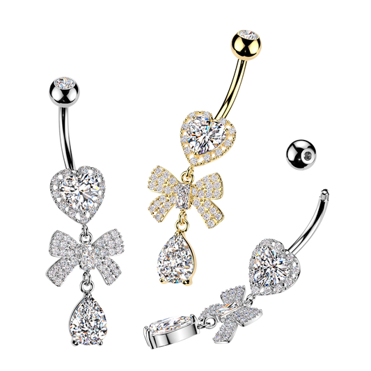 316L Heart CZ Belly Ring With Pave CZ Ribbon & Teardrop CZ Dangle - Pic&Mix The Body Jewellery Shop