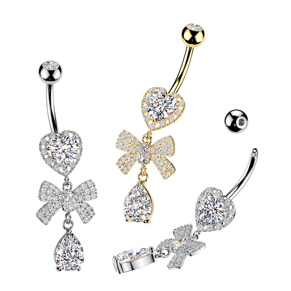 316L Heart CZ Belly Ring With Pave CZ Ribbon & Teardrop CZ Dangle