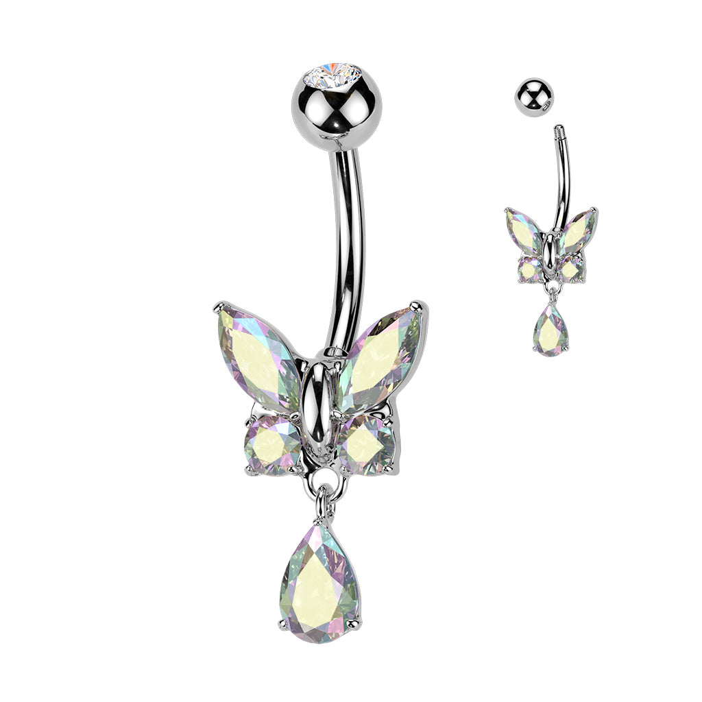 316L Surgical Steel CZ Butterfly With Teardrop CZ Dangle Belly Button Ring - Pic&Mix The Body Jewellery Shop