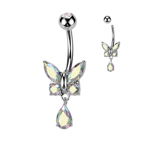 316L Surgical Steel CZ Butterfly With Teardrop CZ Dangle Belly Button Ring