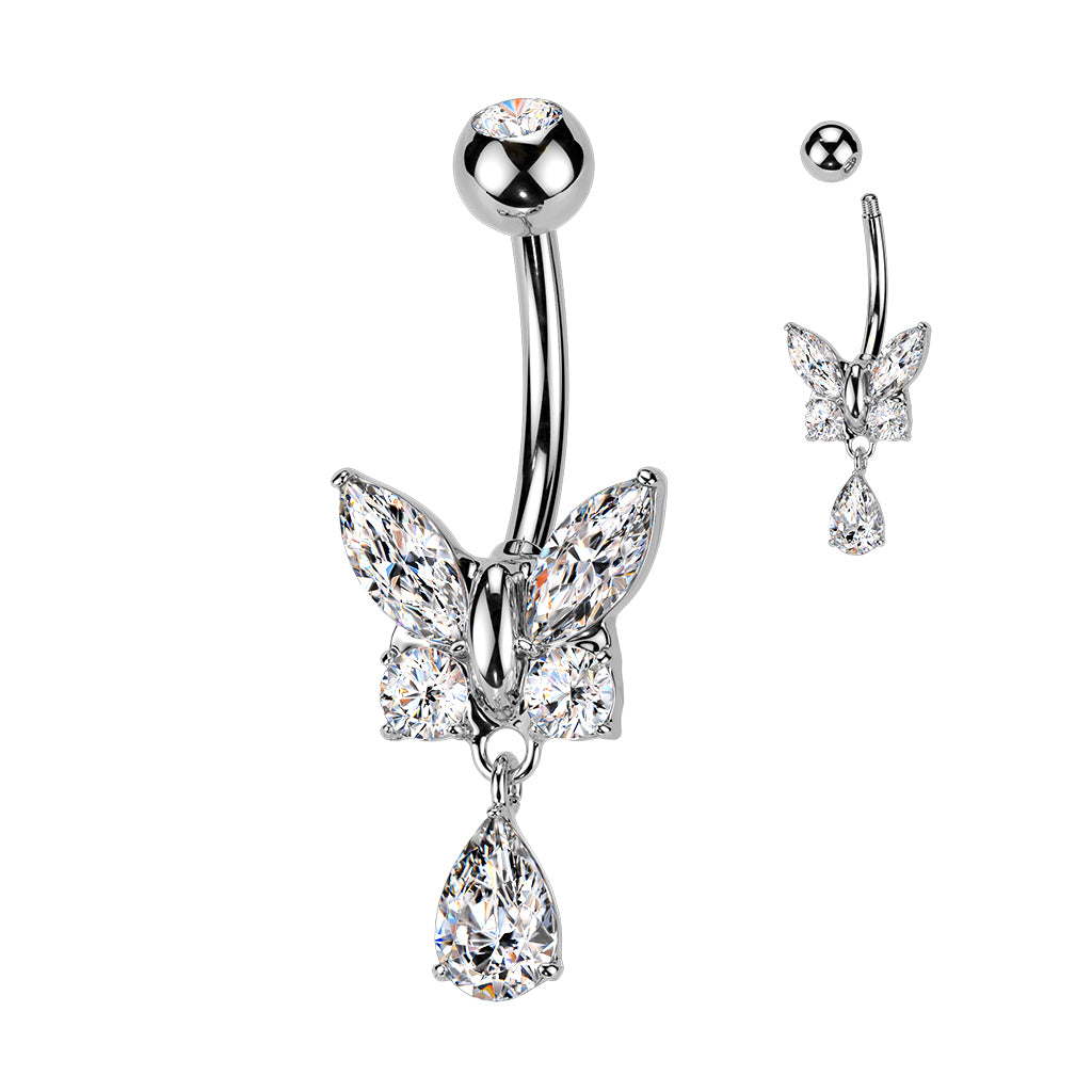 316L Surgical Steel CZ Butterfly With Teardrop CZ Dangle Belly Button Ring - Pic&Mix The Body Jewellery Shop