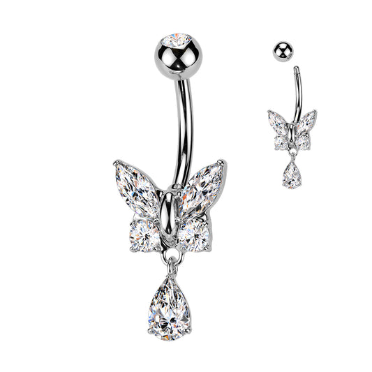 316L Surgical Steel CZ Butterfly With Teardrop CZ Dangle Belly Button Ring - Pic&Mix The Body Jewellery Shop