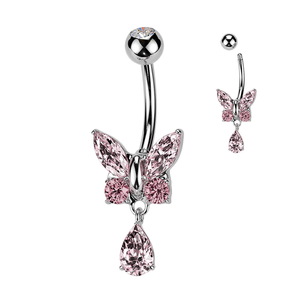 316L Surgical Steel CZ Butterfly With Teardrop CZ Dangle Belly Button Ring - Pic&Mix The Body Jewellery Shop